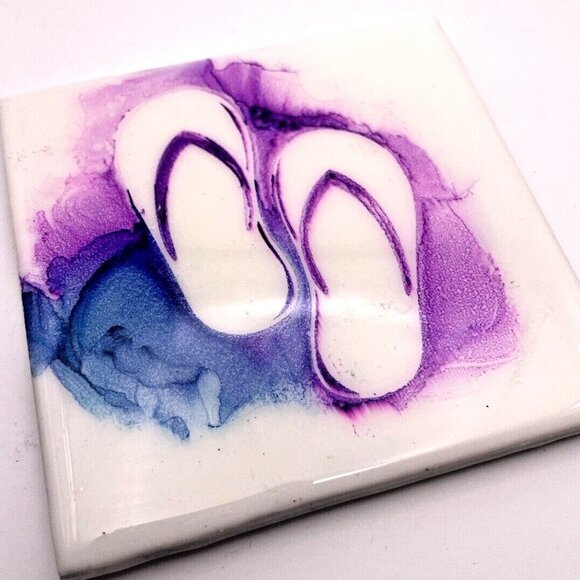 Ceramic Studio Art Alcohol Ink Abstract Summer Tile Coasters Set of 7 4x4 - Picture 6 of 8